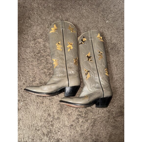 Vintage Dan Post Cowboy Boots Size 7A Gray Leather Snakeskin Inlay - Picture 1 of 8